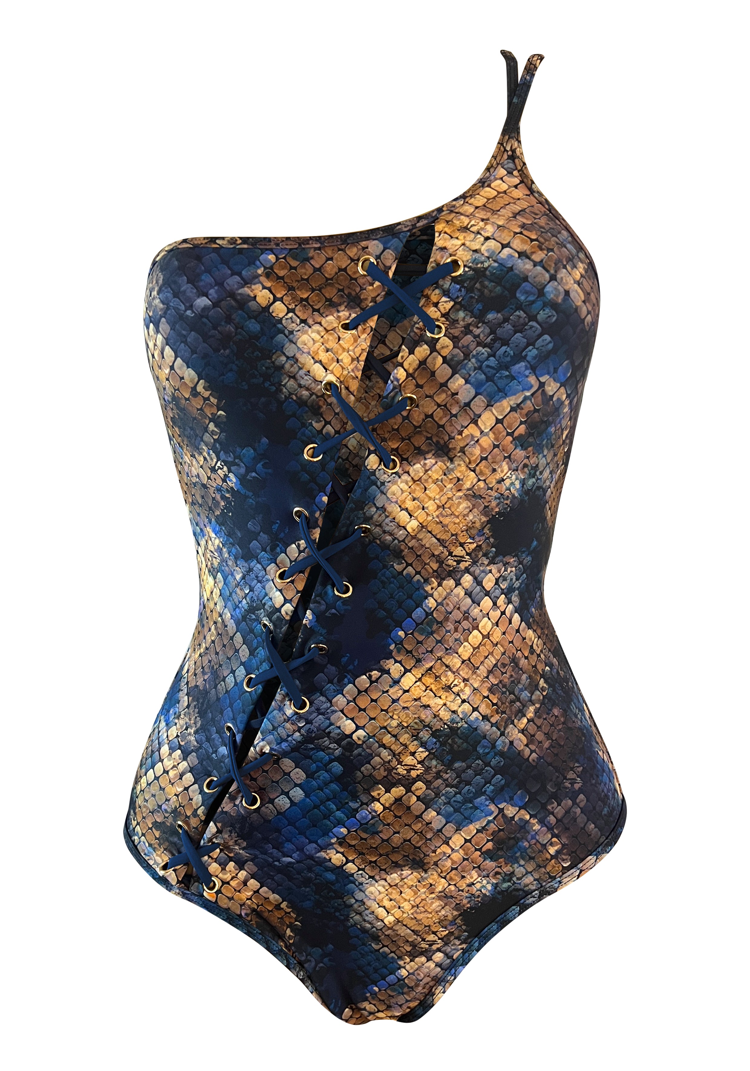 Mosaic Snake  Laced up One Shoulder One-piece w Removable cups