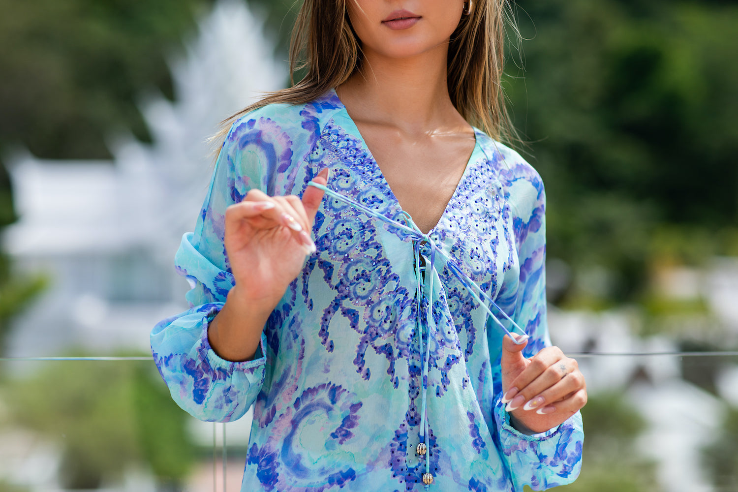 Blue Swirl Laceup Blouse - Resort Collection