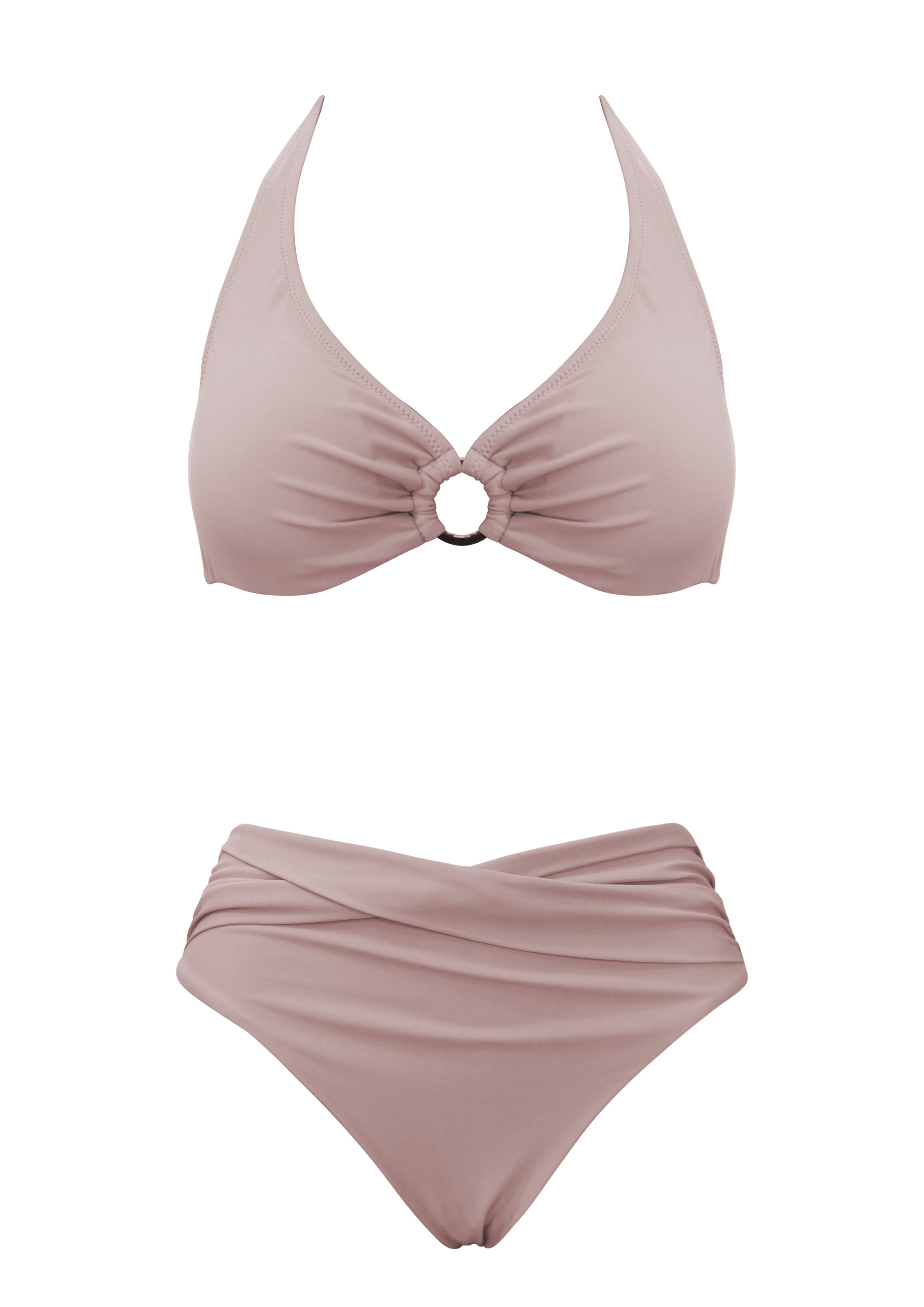Layan Beach Dusty Pink UW Halter Ring with Mid Rise Front Twist Bottom